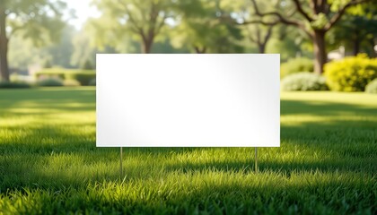 Blank white sign on green grass in a garden, illuminated by sunlight, creating a welcoming outdoor space