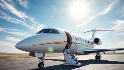 Naklejka premium Luxurious private jet on the tarmac under a bright sun, ready for flight and new destinations ahead