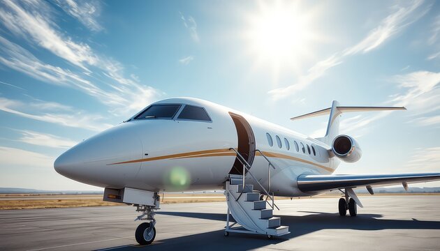 Luxurious private jet on the tarmac under a bright sun, ready for flight and new destinations ahead