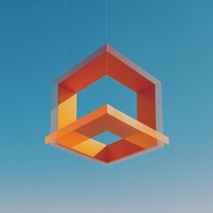 Abstract orange and yellow geometric cube structure floating in a bright, minimalist blue sky, representing design and architectural concepts.