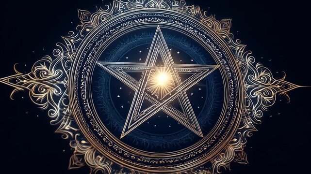 Intricate pentagram design with ornate details and glowing center