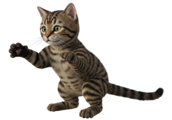 Isolated cute tabby kitten standing on two legs with paw up and looking to the left
