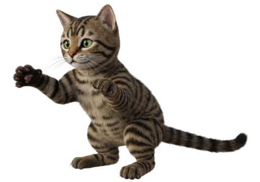 Isolated cute tabby kitten standing on two legs with paw up and looking to the left