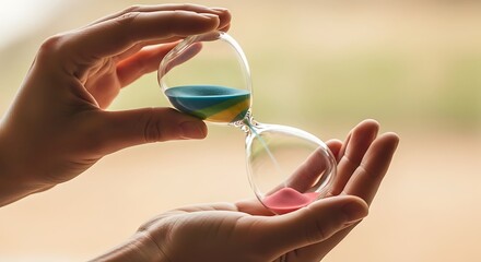 Timeless Moments: A gentle grasp cradles a delicate hourglass as grains of colorful sand cascade, evoking contemplation about life's precious moments.