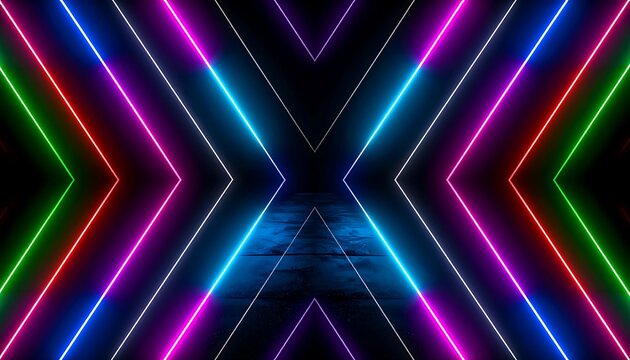 Abstract Neon Light Tunnel with Geometric Shapes and Vibrant Colors. - Powered by Adobe