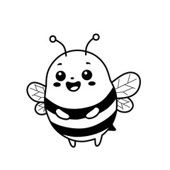 Cute cartoon bee character in black and white, vector line art illustration perfect for coloring pages, children’s books, education, and simple graphic design