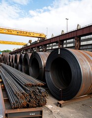 Industrial yard with stacked steel coils and rails