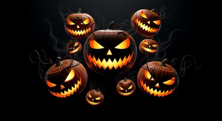 Mysterious Pumpkin Gathering: A spooky scene, several carved pumpkins glow with malevolent expressions, shrouded in an eerie darkness, setting the mood for Halloween celebrations.