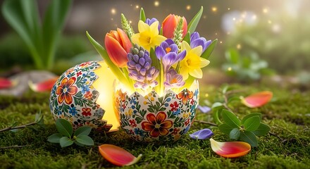 Easter Egg's Floral Display: A vibrantly decorated Easter egg cracks open to reveal a blossoming bouquet of colorful flowers, symbolizing new life and spring's renewal.