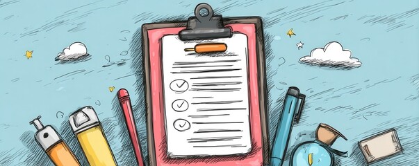 Colorful hand-drawn stationery concept with clipboard and checklist items