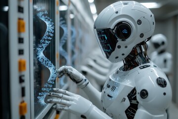 Robot interacting with glowing digital DNA helix demonstrating artificial intelligence learning