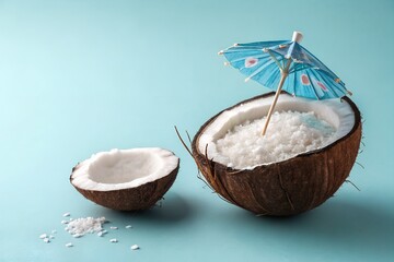 Refreshing tropical coconut drink served in a halved coconut shell with a decorative umbrella against a pastel blue background