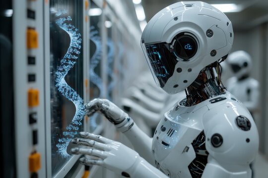 Robot interacting with glowing digital DNA helix demonstrating artificial intelligence learning - Powered by Adobe