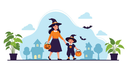 Adobe illustrator artwork vector illustration. A cheerful mother and child, both dressed as witches with pumpkin pails, are trick-or-treating in front of spooky houses. Perfect for Halloween Fest.
