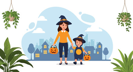 Adobe illustrator artwork vector illustration. A cheerful mother and child, both dressed as witches with pumpkin pails, are trick-or-treating in front of spooky houses. Perfect for Halloween Fest.
