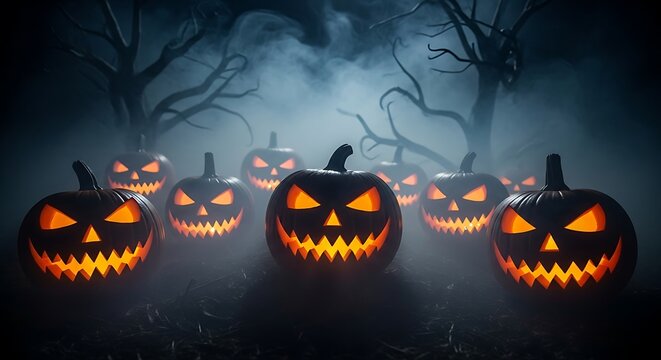 Spooky Pumpkins: A chilling scene unfolds, with carved jack-o'-lanterns illuminated in the eerie darkness. Smoke and mist add a layer of mystery and spookiness.