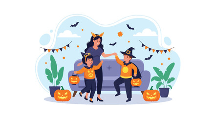 Adobe illustrator artwork vector illustration. A joyful mother with her two children in witch costumes, holding pumpkin lanterns, celebrating Halloween indoors with festive decorations. Perfect.