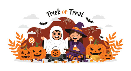 Adobe illustrator artwork vector illustration. Adorable kids in Halloween costumes, surrounded by pumpkins and candy, ready for trick or treat fun! Perfect for festive designs and seasonal promotions.