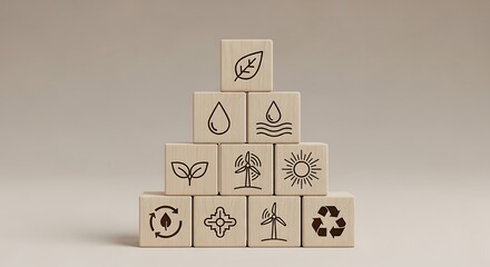 Eco-Friendly Icons: A visual representation of sustainability is formed through wooden blocks displaying environmentally conscious icons.