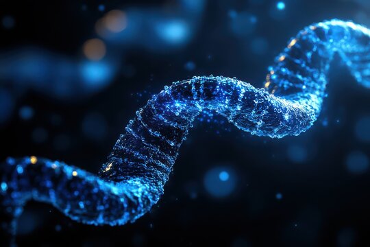 Glowing blue DNA helix molecule in abstract futuristic science visualization