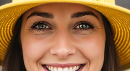 Radiant Smile: A cheerful portrait captures the beauty and spirit of a woman adorned with a vibrant hat, expressing pure joy and optimism. 