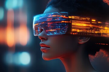 Woman wearing futuristic cybernetic augmented reality headset with glowing digital interface