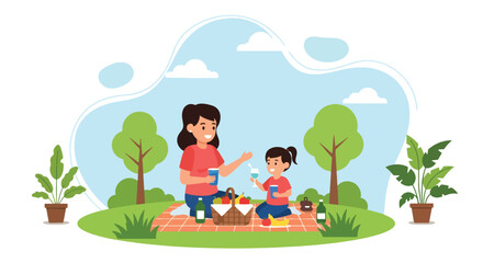 Obraz premium Adobe illustrator artwork vector illustration. A mother and child enjoy a delightful picnic in a park with a city skyline backdrop, complete with a basket, fruits, and drinks. Perfect for family