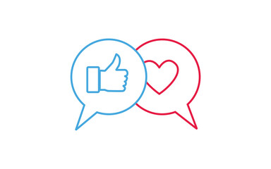 Like and love reactions concept. minimal line art of social media icons featuring a blue thumbs up symbol and a red heart inside overlapping chat bubbles. Illustrator vector file. high resolution 