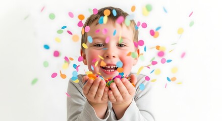 Child's Play of Color: A joyous child is enveloped by a cascade of colorful confetti. a moment of pure bliss and unadulterated delight.