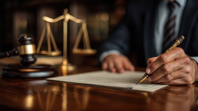 Professional lawyer or judge signing an important legal document with scales of justice and gavel