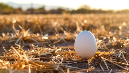 Single egg on straw field at sunset