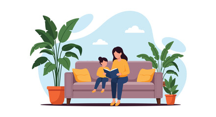 Adobe illustrator artwork vector illustration. A mother reads a book to her child on a sofa, surrounded by potted plants, creating a cozy and loving home scene. Perfect for family, education, and life