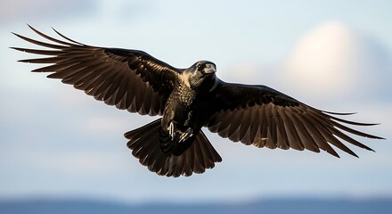 Obraz premium Close-up of a black raven in flight against a cloudy sky, wings spread wide