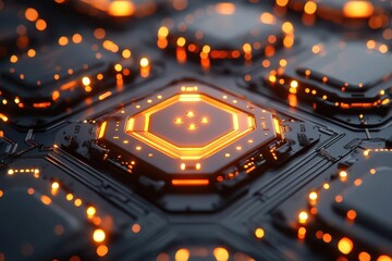Futuristic digital circuit board with glowing orange hexagonal processor