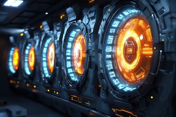 Futuristic technological engines with glowing orange and blue lights
