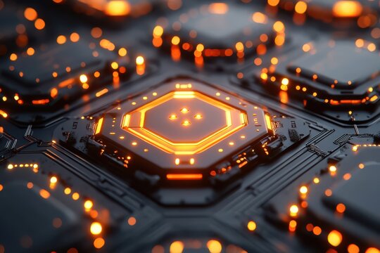 Futuristic digital circuit board with glowing orange hexagonal processor