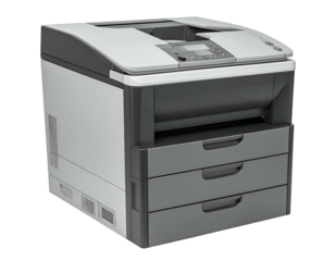 Office device; gray and white with paper trays, control panel and scanning surface