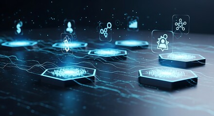 Digital Network Interface: A futuristic digital landscape featuring interconnected glowing hexagonal platforms, symbolizing networking, connectivity and the evolution of technology.