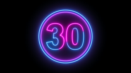 Vibrant blue and pink neon glowing number thirty in a circular frame on a dark background, representing digital countdown, technology, and celebration