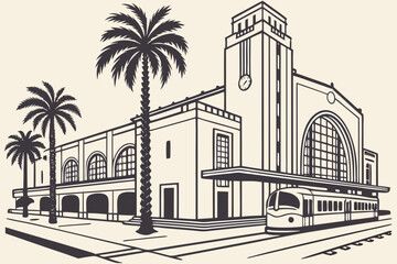 Fototapeta premium Sacramento Valley Station in California, Art Deco exterior with palm-lined plaza and trains nearby
