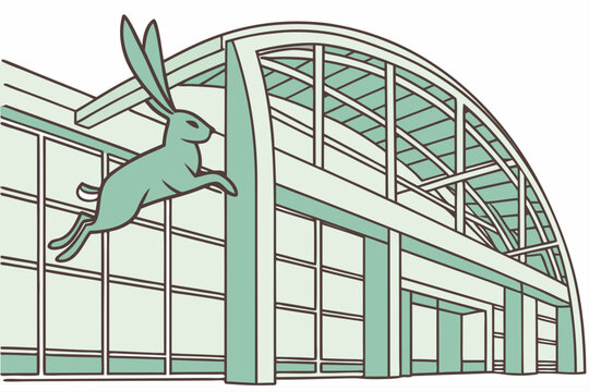 Sacramento International Airport in California, glass terminal with &ldquo;Leap&rdquo; rabbit sculpture soaring inside atrium