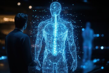Man observing a detailed holographic projection of the human body with glowing blue digital particles