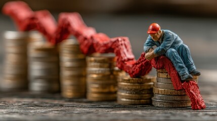 Miniature worker on coins with a red declining graph line symbolizing economic crisis and financial loss