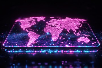 Holographic digital world map visualization with glowing data points