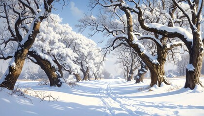 A Beautiful Winter Scene of Snow-Covered Trees along a Snow-Covered Path