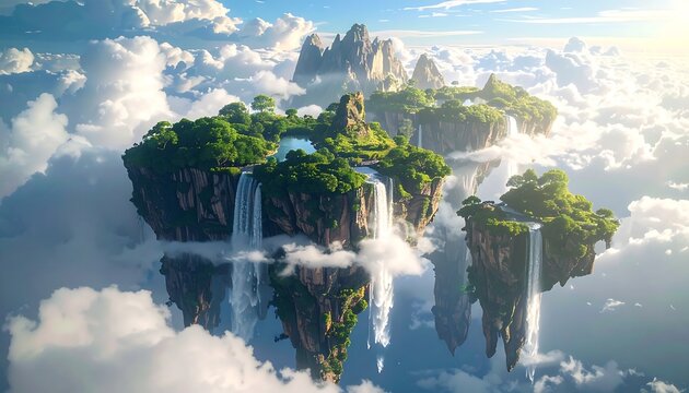 Floating Islands - A Dreamlike Landscape of Waterfalls and Lush Greenery.