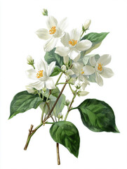 a botanical illustration of a white jasmine, white solid background.