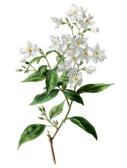 a botanical illustration of a white jasmine, white solid background.