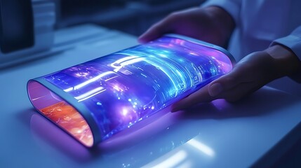 Flexible display technology with vibrant neon lights and a futuristic design