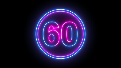Vibrant blue and pink neon light glowing number sixty in a circular frame against a dark background, ideal for countdowns or celebrations